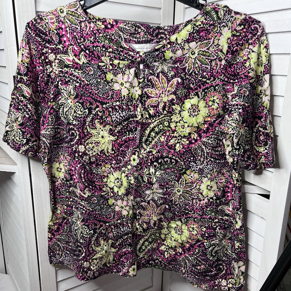 Christopher & Banks Women's XL Floral Paisley Top Keyhole Neck Pink Green Black‎